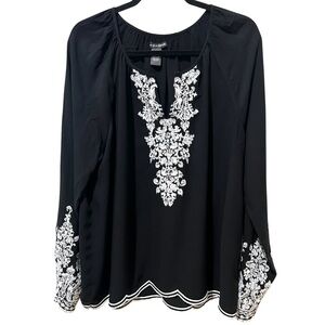 Chelsea & Theodore Black Boho Tunic Top White Embroidery Long Sleeve SZ XL EUC